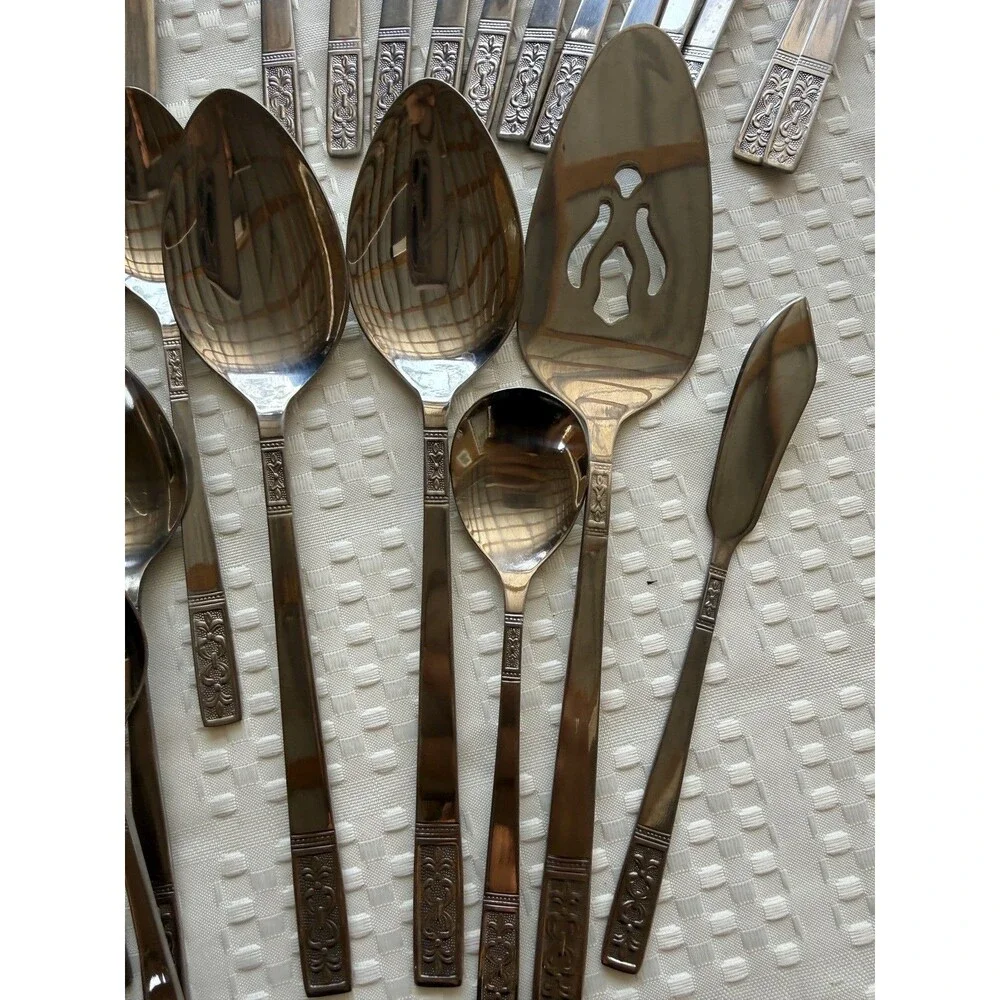 104 Pc Customcraft Taiwan Stainless Flatware Silverware Lot MCM Floral Scroll